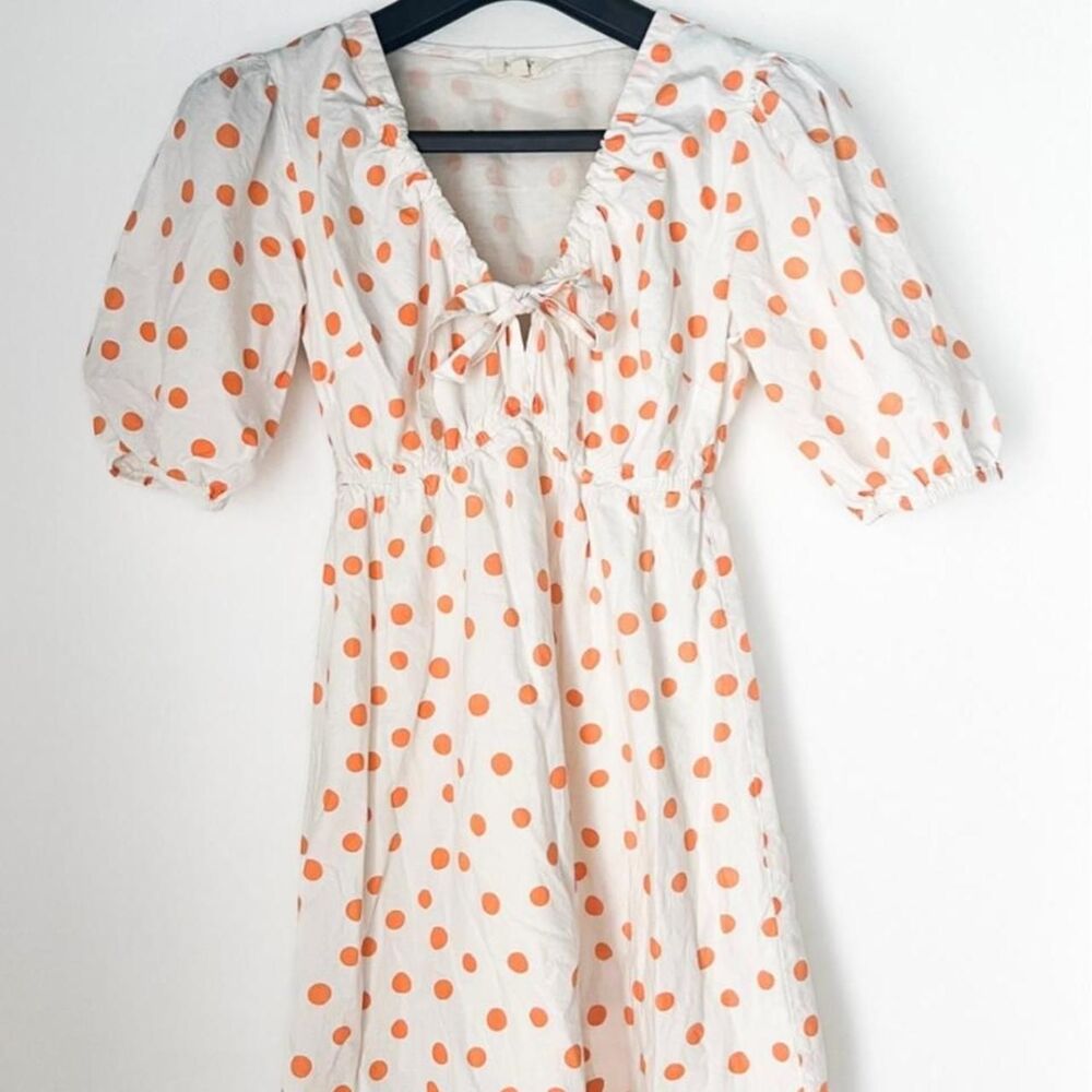 Sim & sam white w Tennessee Orange cotton polka dot babydoll dress w puff sleeve